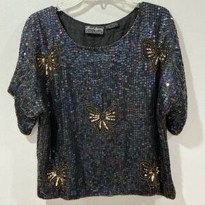 Vintage Sequin silk Top Size Medium black Gold Bow JEWEL QUEEN 80s Iridescent